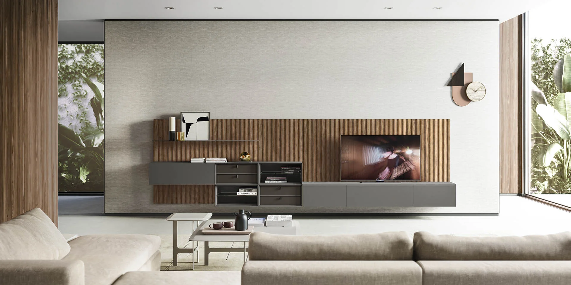 Wohnraum von Alf DaFrè mit modularem Wandsystem und warmen Holzoberflächen