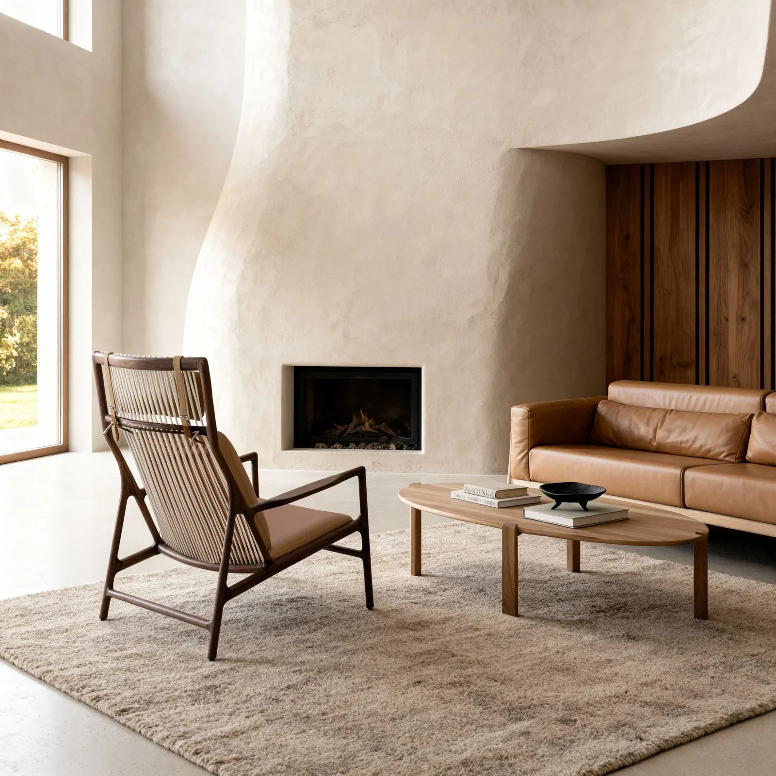 Wohnraum von Gazzda mit Ledersofa, Sessel und Couchtisch aus Massivholz